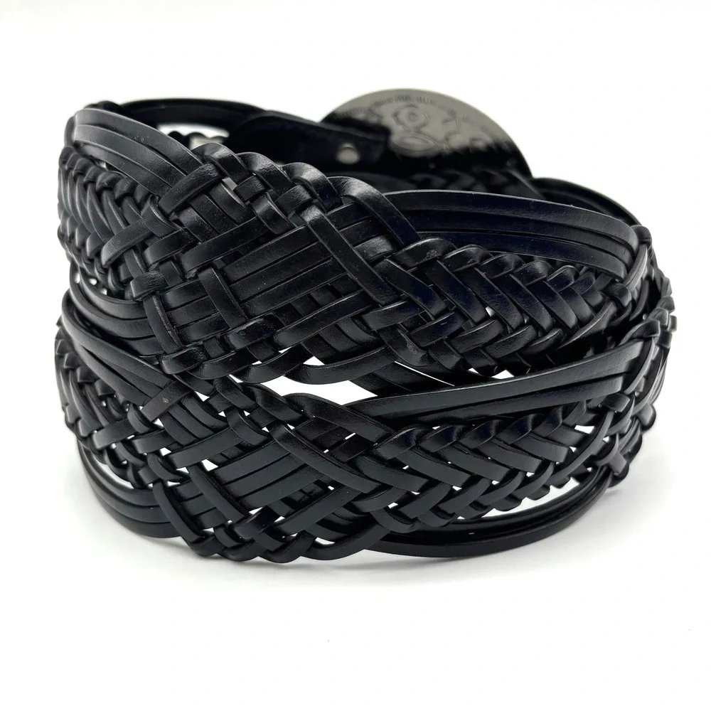 Vintage Y2K New York & Co Black Braided Leather Medallion Buckle Wide Belt M 34